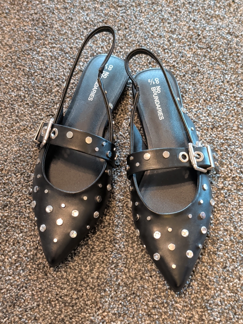 No Boundaries Black Pointed Slingback Flats with Silver Studs